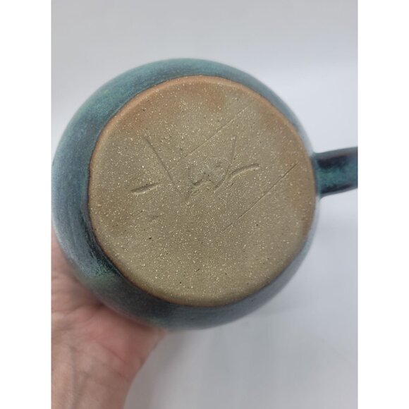 Handthrown Pottery Green Ceramic Mug Ornate Handle Signed Artesian cottage core - Picture 4 of 9